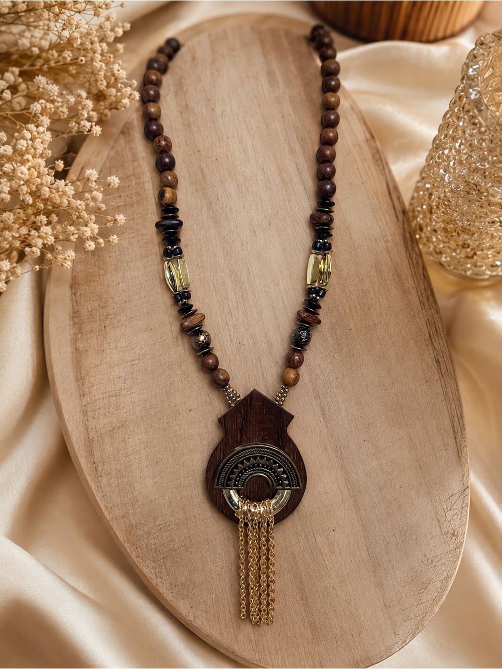 Wood Bead Pendant Necklace with Gold Tassel - Brown